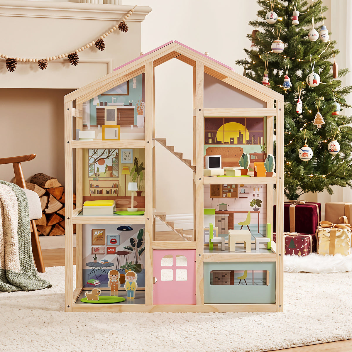 Kids Wooden Dollhouse with 7 Rooms and 18 Pcs Furniture Accessories-Pink