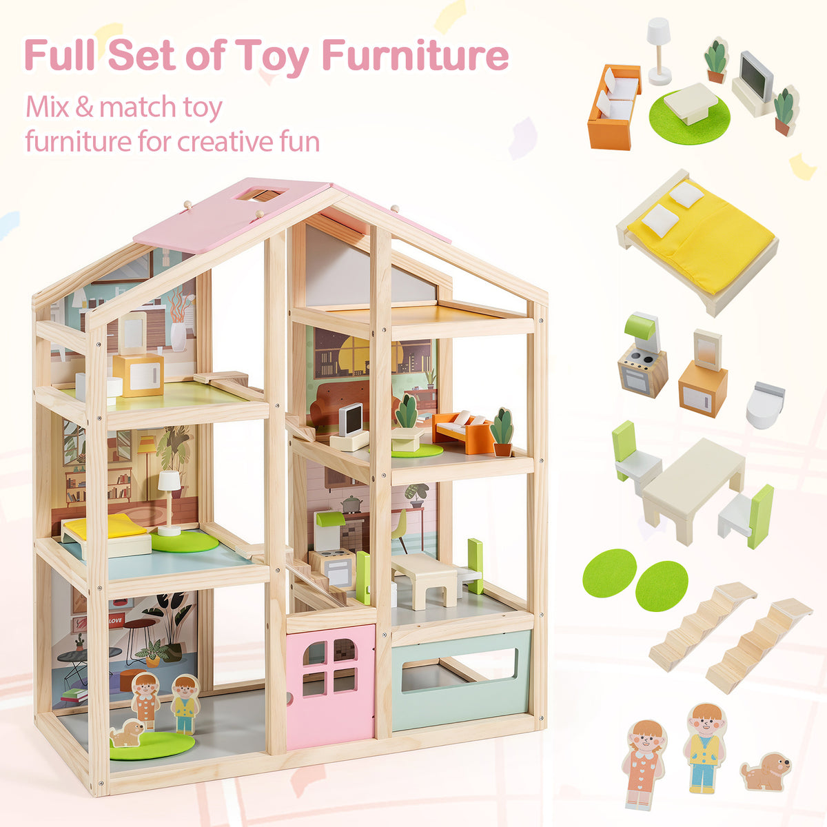 Kids Wooden Dollhouse with 7 Rooms and 18 Pcs Furniture Accessories-Pink