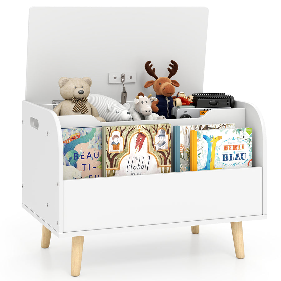 Kids Wooden Toy Box with Front Bookshelf 4 Solid Wood Legs-White