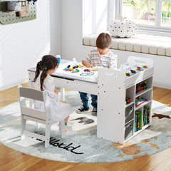 Kids Art Craft Table and Chairs Set with Paper Roll Flip-up Tabletop-Grey