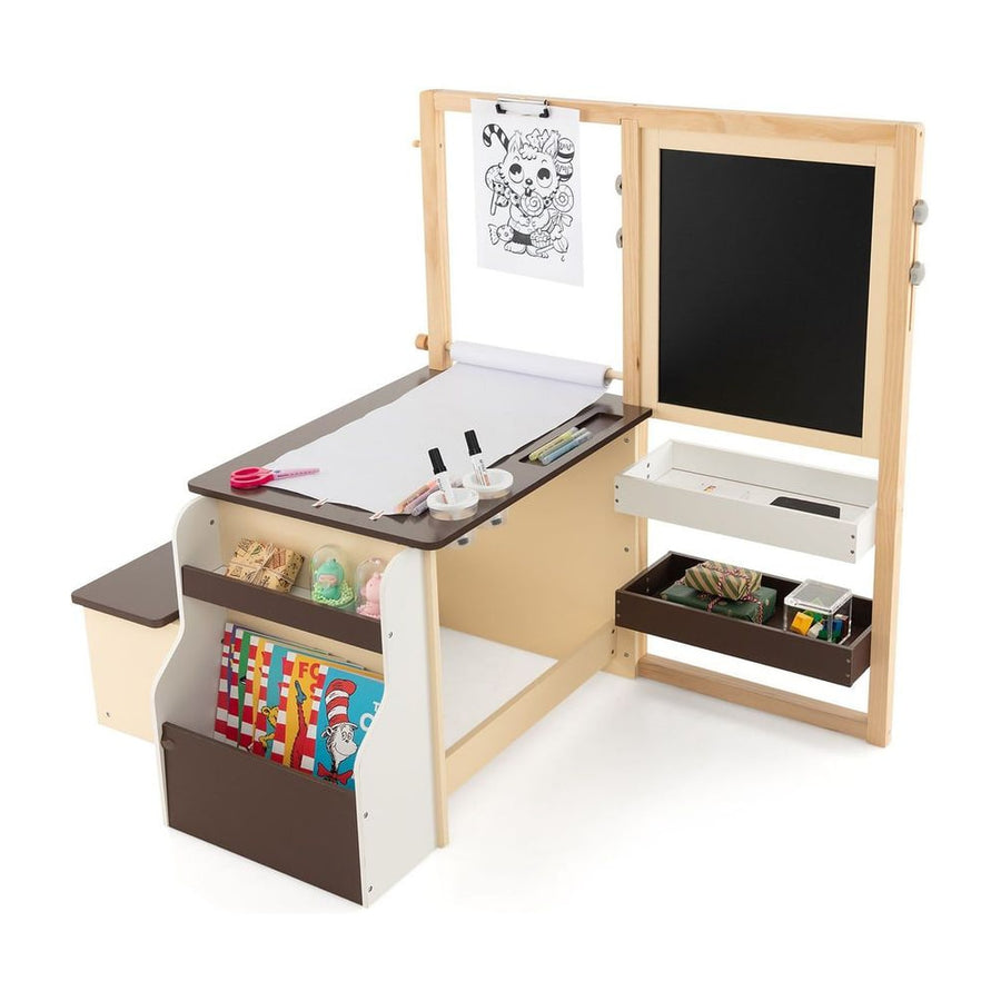 Kids Art Easel Table and Bench Set with Adjustable Easel and Bookshelf-Coffee