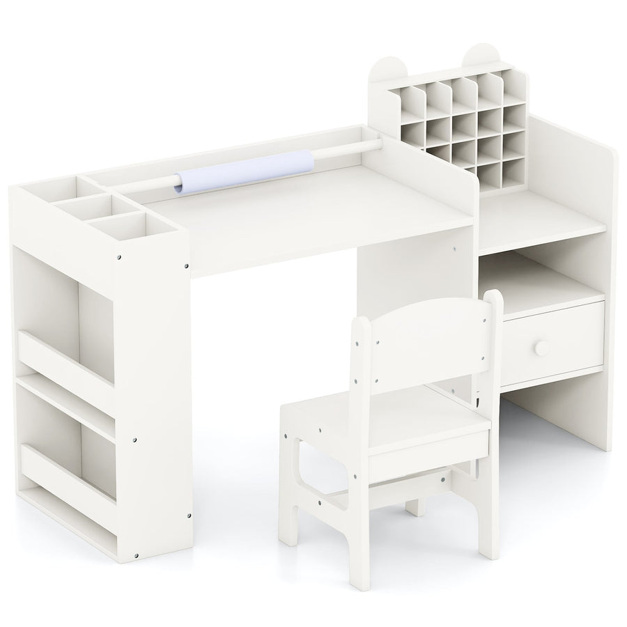Kids Art Table and Chair Set with Removable Paper Roll Holder-White