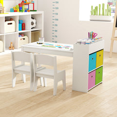 Kids Art Table and Chairs Set with Paper Roll and Storage Shelves-White