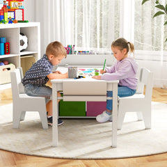 Kids Art Table and Chairs Set with Paper Roll and Storage Shelves-White