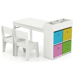 Kids Art Table and Chairs Set with Paper Roll and Storage Shelves-White