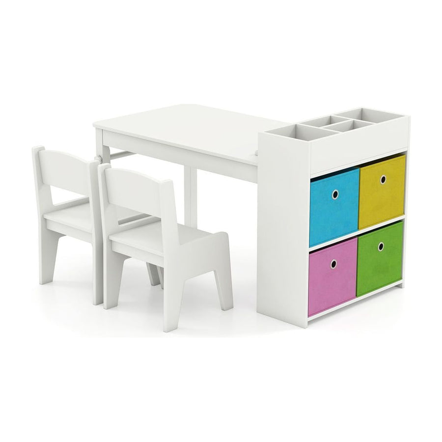 Kids Art Table and Chairs Set with Paper Roll and Storage Shelves-White
