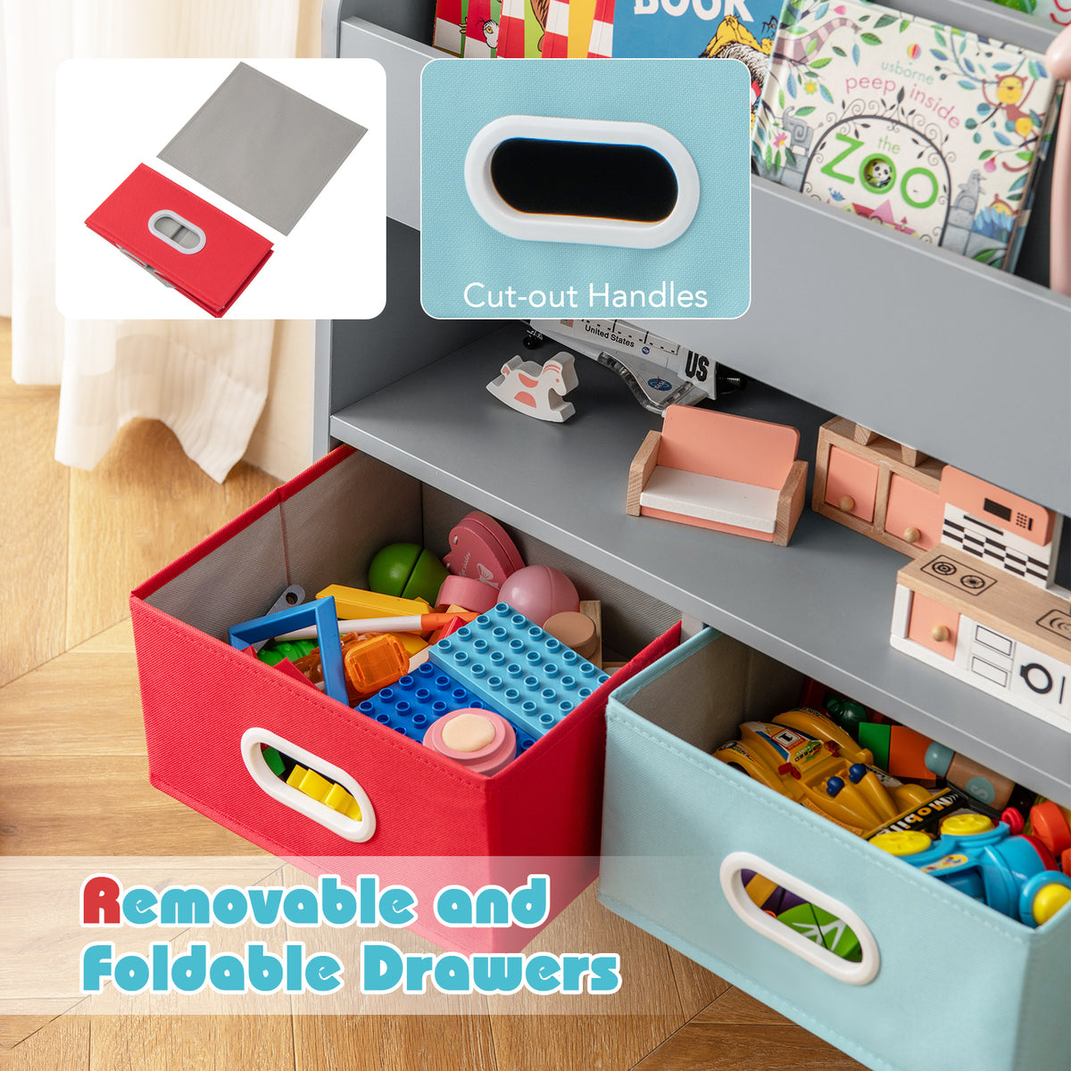 Kids Bookshelf Wooden Book Display Rack with 3-Tier Bookshelves-Grey