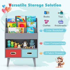 Kids Bookshelf Wooden Book Display Rack with 3-Tier Bookshelves-Grey