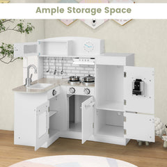 Kid's Wooden Corner Play Kitchen with Ample Accessories-White