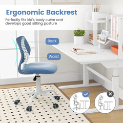 The kids chair highlighting the curved backrest design to support posture while sitting at a desk