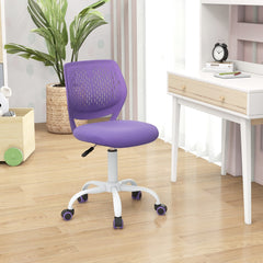 Purple ergonomic children study chair placed next to a white desk in a child's room