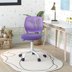 Purple kids study chair with wheels, positioned on a patterned rug in a bright room