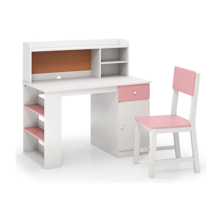 Kids Desk and Chair Set with Chair Hutch and 3-Layer Side Shelf-Pink