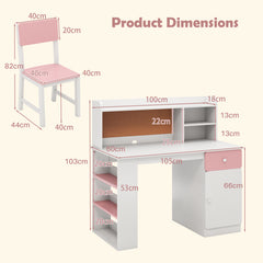 Kids Desk and Chair Set with Chair Hutch and 3-Layer Side Shelf-Pink