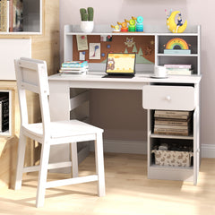 Kids Desk and Chair Set with Chair Hutch and 3-Layer Side Shelf-White
