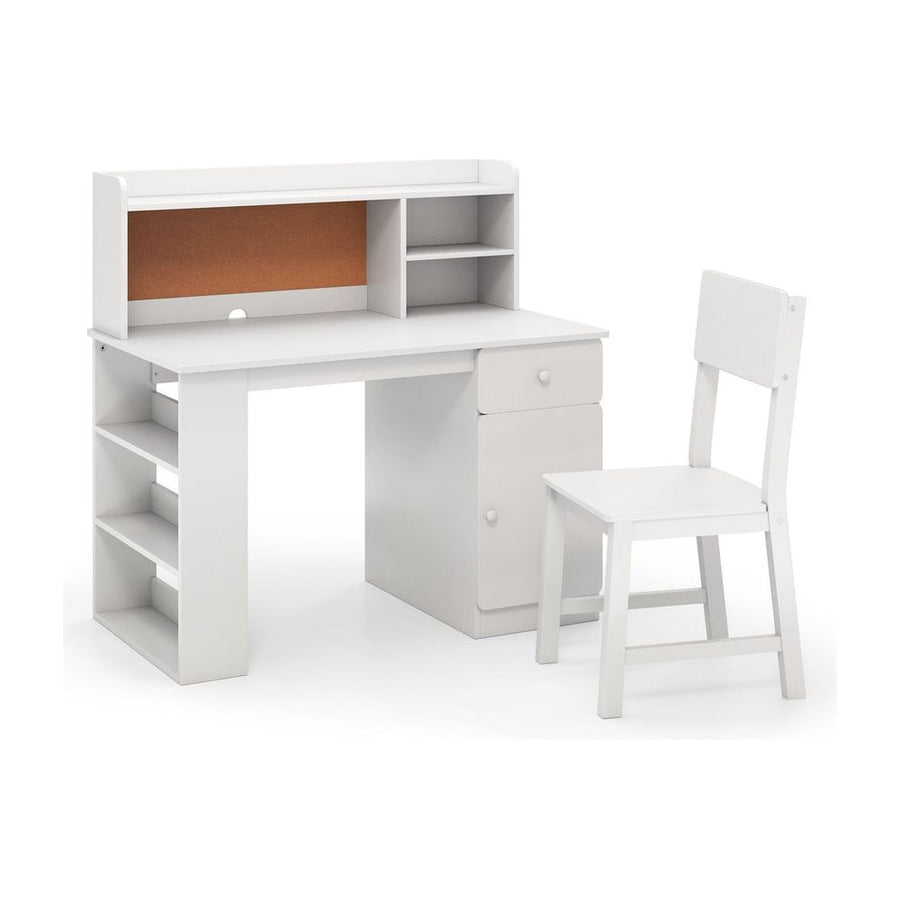 Kids Desk and Chair Set with Chair Hutch and 3-Layer Side Shelf-White