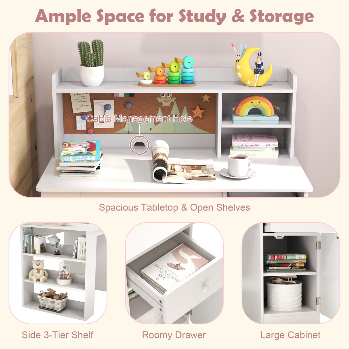 Kids Desk and Chair Set with Chair Hutch and 3-Layer Side Shelf-White