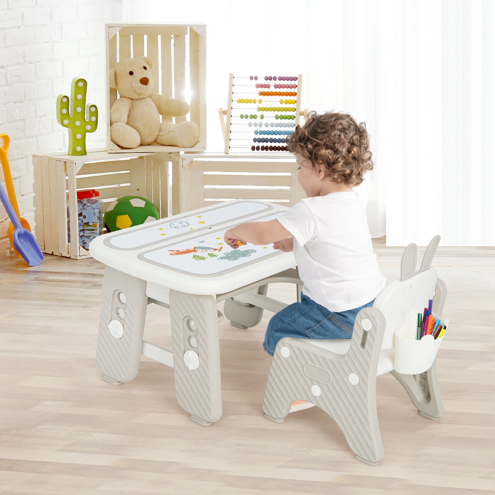 Kids Drawing Table and Chair Set with Flip-Top Tabletop Bookshelf-Grey
