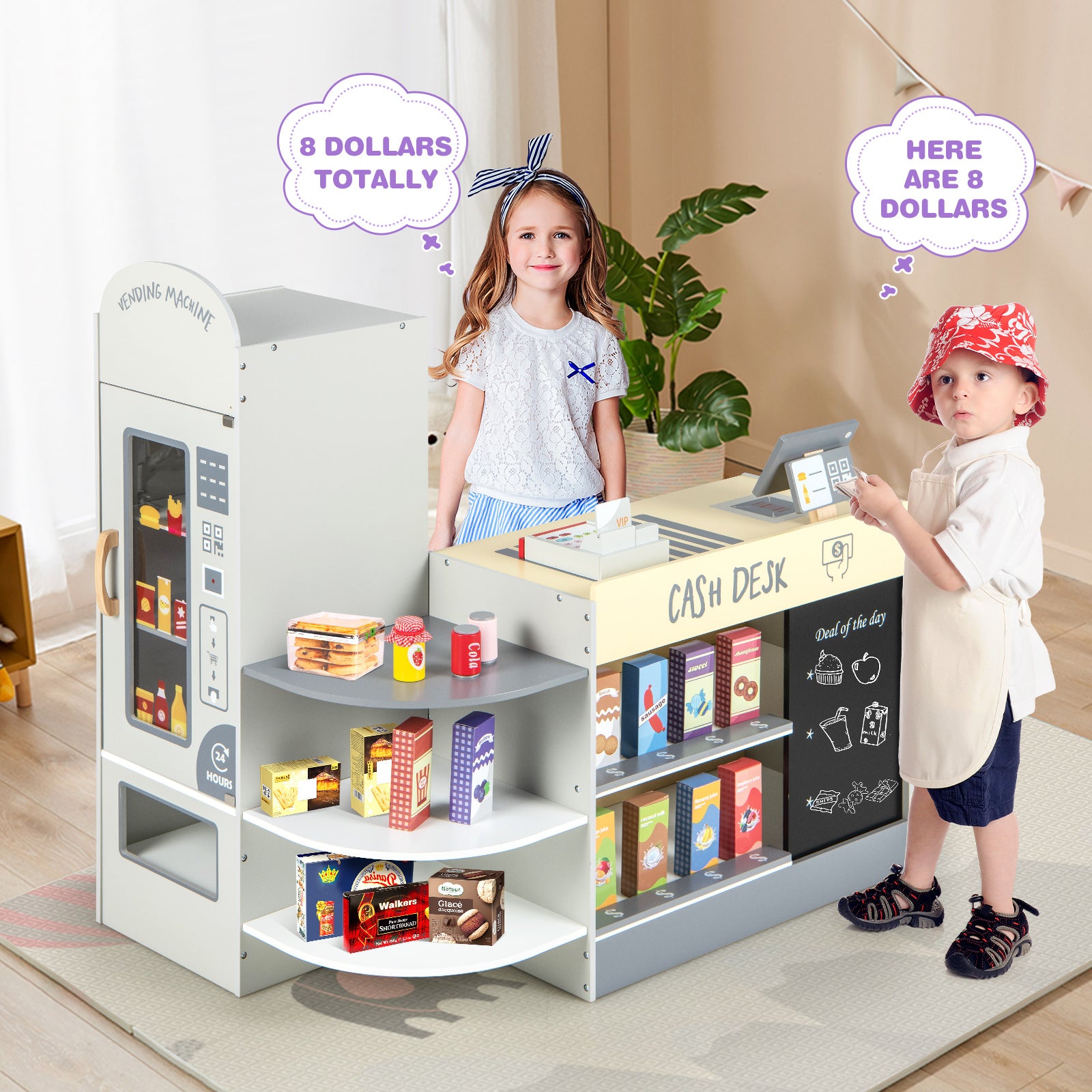 Kids Grocery Store Playset with Cash Register and Writable Chalkboard-Grey