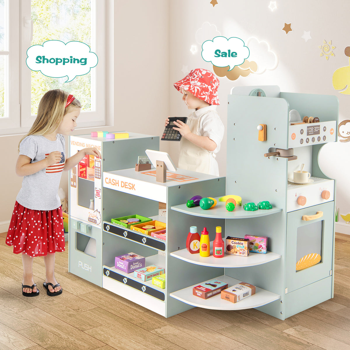 Kids Grocery Store Playset Wooden Pretend Play Supermarket-Green