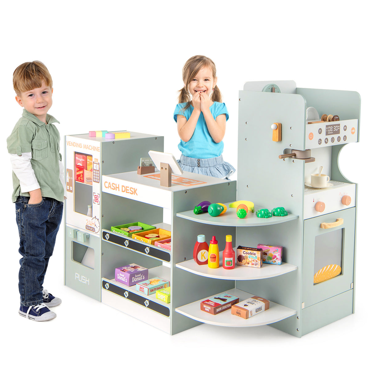 Kids Grocery Store Playset Wooden Pretend Play Supermarket-Green