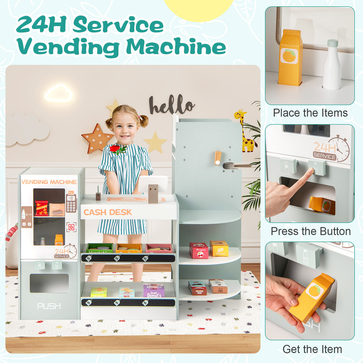 Kids Grocery Store Playset Wooden Pretend Play Supermarket-Green
