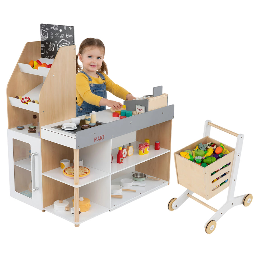Kids Grocery Store Playset Wooden Pretend Play Supermarket with Shopping Cart-Natural