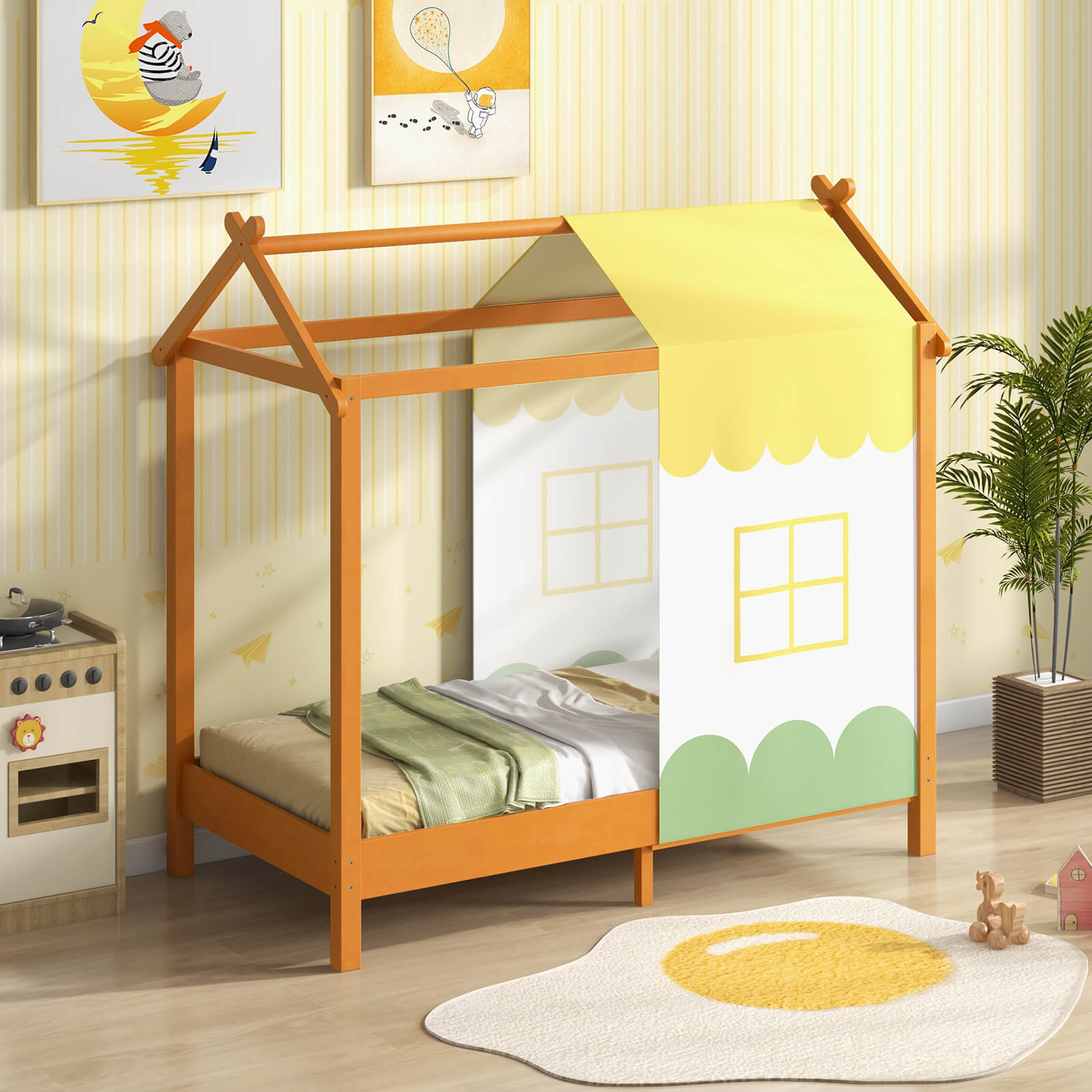 Kids House Bed with Roof Playhouse with Removable Canopy
