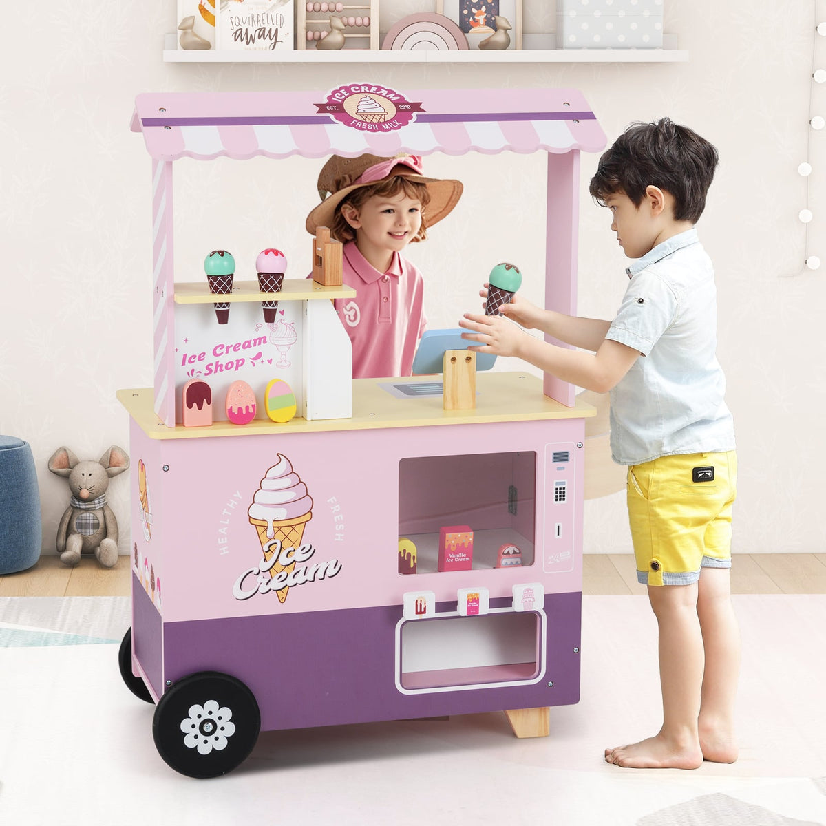 Kids Ice Cream Cart Truck Pretend Play Set for Toddlers-Pink