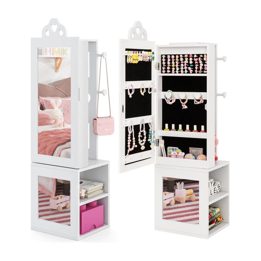 Kids Jewelry Armoire Full Length Mirror with Coat Rack and Storage Shelves-White