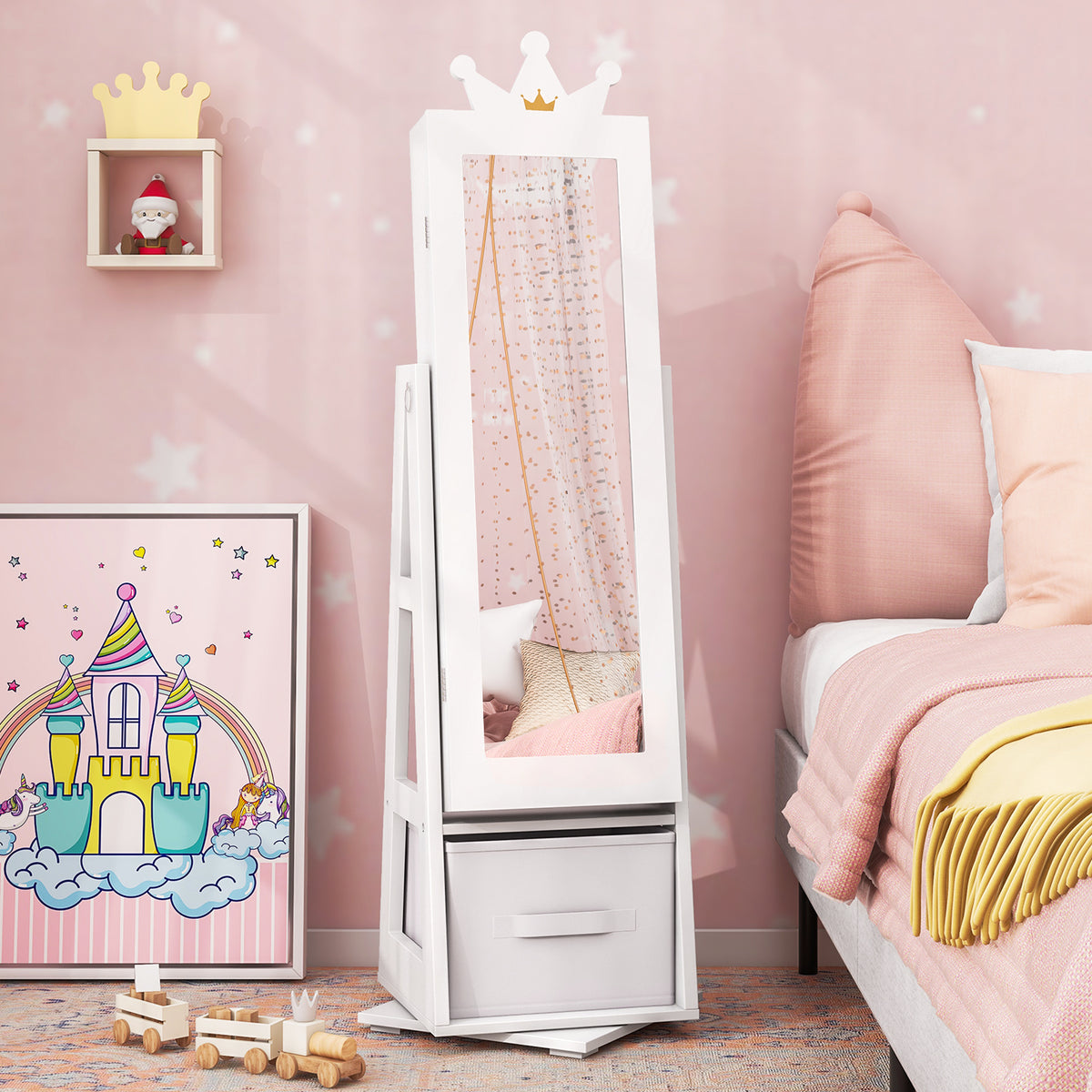 Kids Jewelry Cabinet Standing Jewelry Organizer with Full-Length Mirror-White