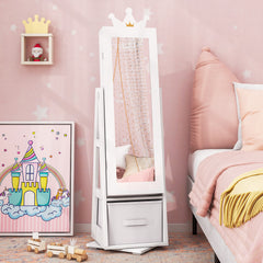 Kids Jewelry Cabinet Standing Jewelry Organizer with Full-Length Mirror-White