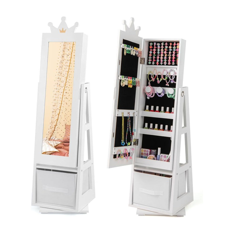Kids Jewelry Cabinet Standing Jewelry Organizer with Full-Length Mirror-White