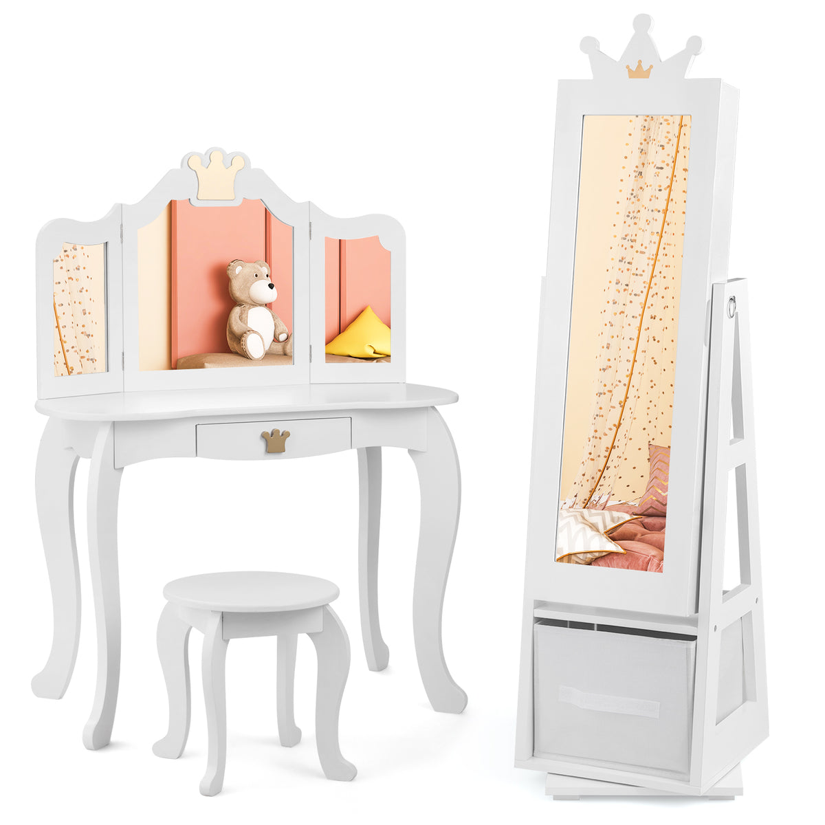 Kids Jewelry Cabinet Standing Jewelry Organizer with Full-Length Mirror-White