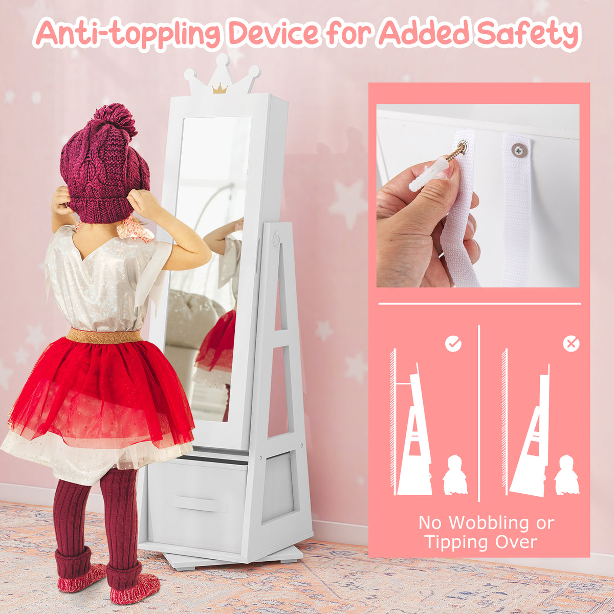 Kids Jewelry Cabinet Standing Jewelry Organizer with Full-Length Mirror-White