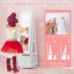 Kids Jewelry Cabinet Standing Jewelry Organizer with Full-Length Mirror-White