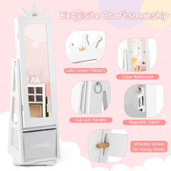 Kids Jewelry Cabinet Standing Jewelry Organizer with Full-Length Mirror-White