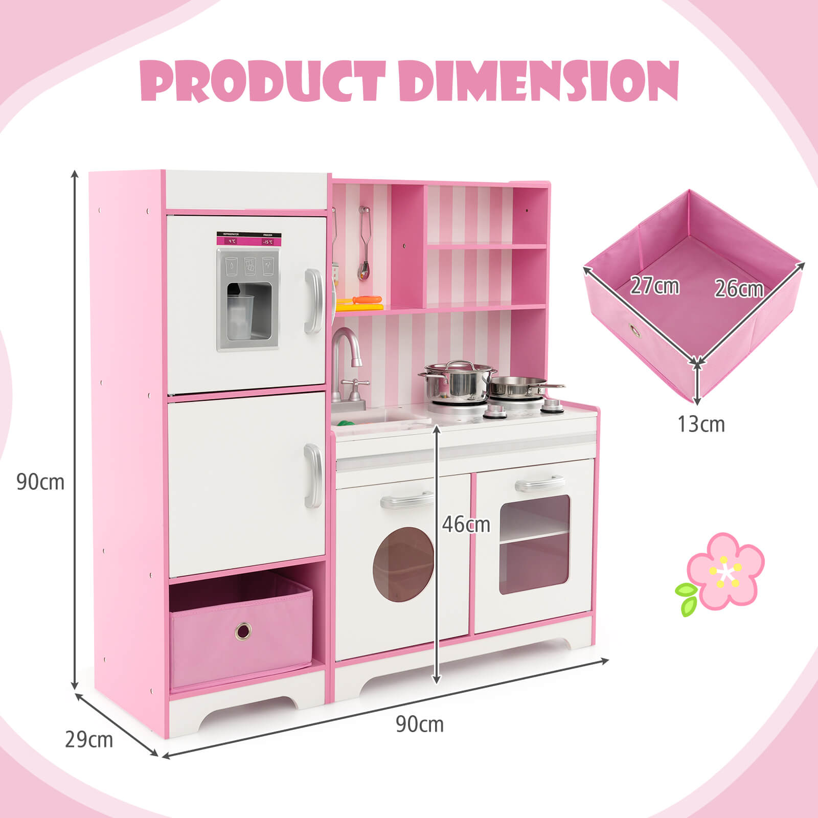 Kids Kitchen Playset with Adjustable LED Lights and Refrigerator-Pink & White