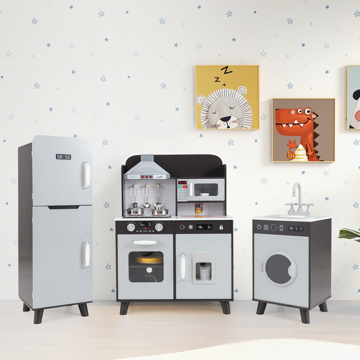Kids Kitchen Playset with Refrigerator and Washing Machine-Brown