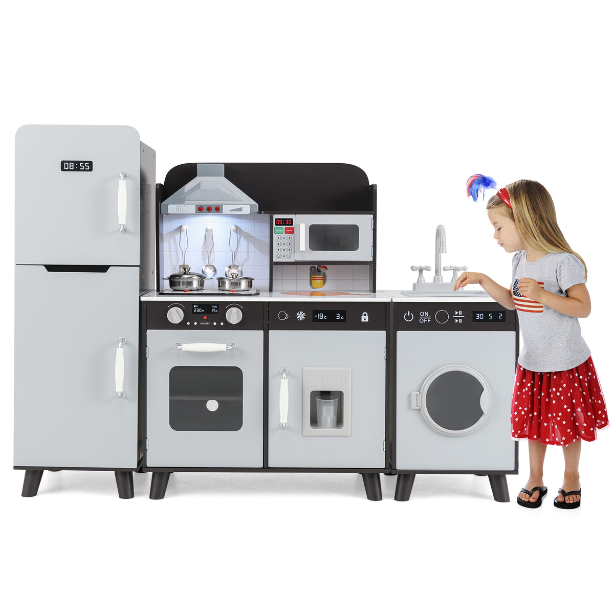 Kids Kitchen Playset with Refrigerator and Washing Machine-Brown