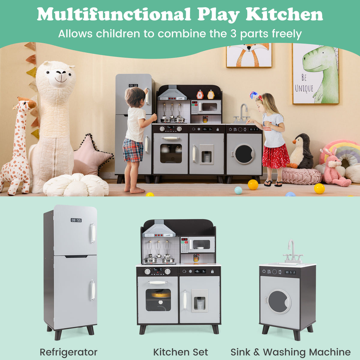 Kids Kitchen Playset with Refrigerator and Washing Machine-Brown
