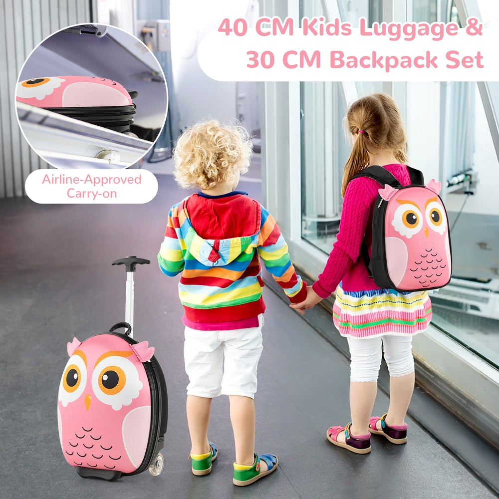 A pink owl carry-on suitcase and backpack set for kids