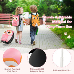 Close up of the pink owl kids luggage and backpack materials