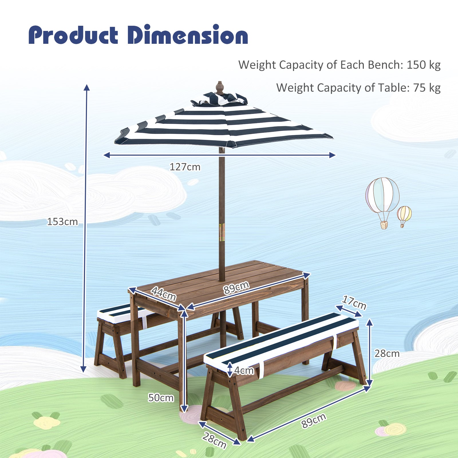 Kids Picnic Table with Cushions and Umbrella-Blue