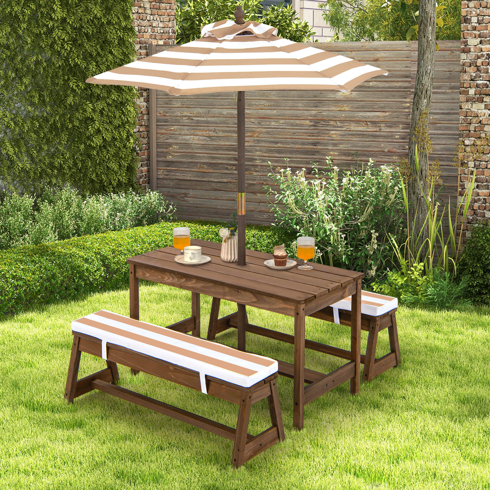 Kids Picnic Table with Cushions and Umbrella-Brown