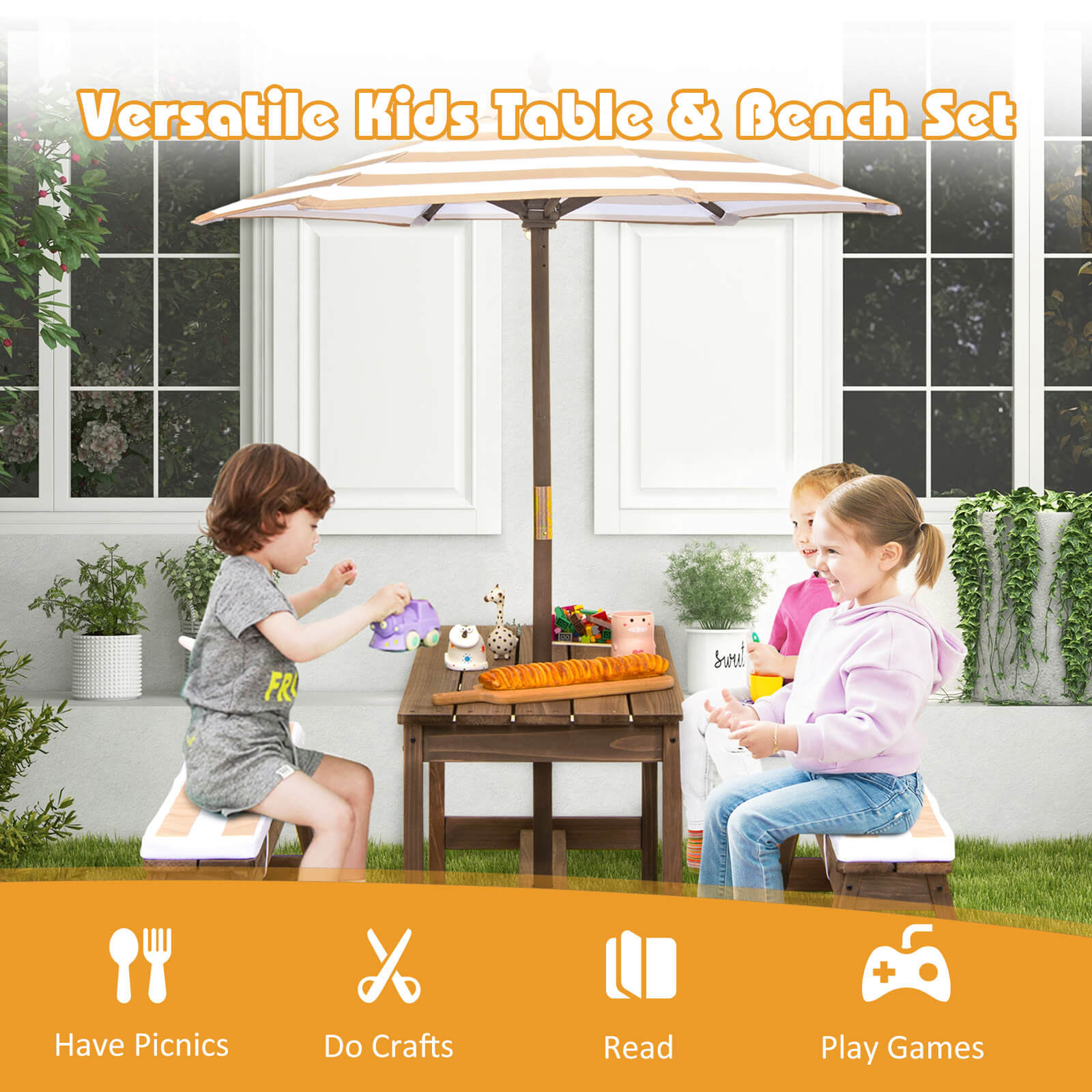 Kids Picnic Table with Cushions and Umbrella-Brown