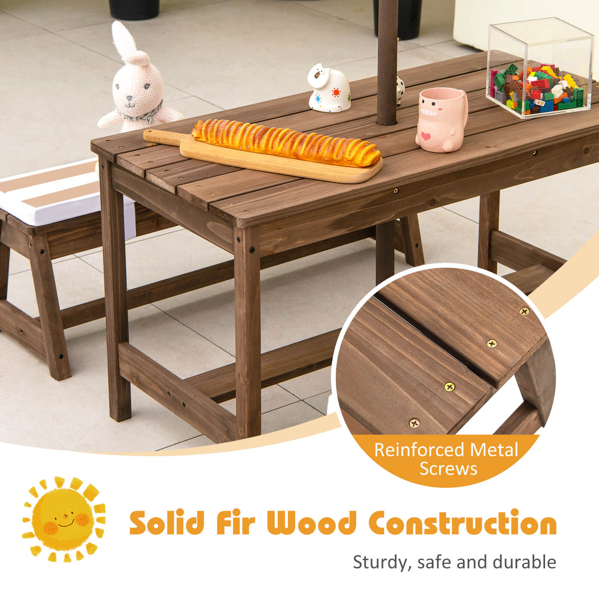 Kids Picnic Table with Cushions and Umbrella-Brown