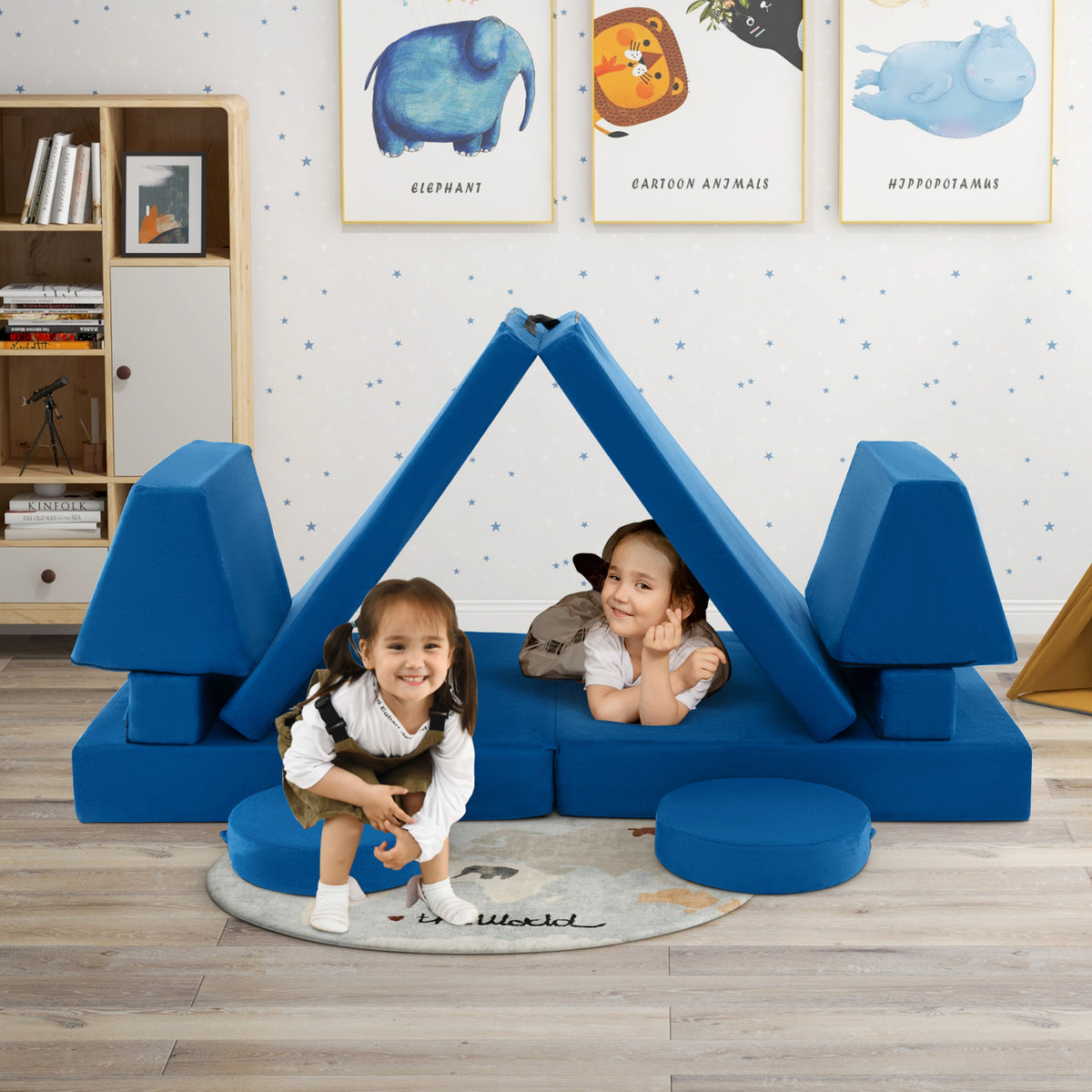 8-Piece Kids Play Couch Sofa with Portable Handle-Blue