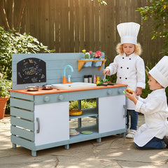 Kids Play Kitchen Set with Chalkboard and Faucet and Sink-Blue