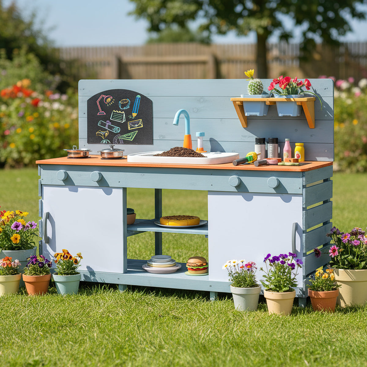 Kids Play Kitchen Set with Chalkboard and Faucet and Sink-Blue